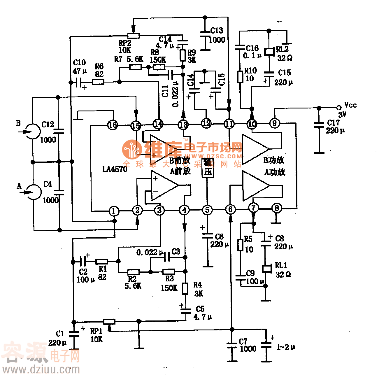 LA4570集成塊的內電路方框圖及典型應用電路